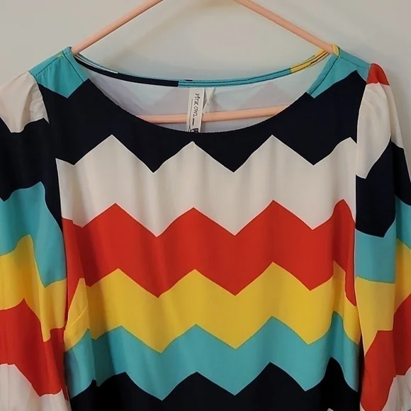 PINK OWL Colorful Rainbow Mod Zigzag Artsy Babydoll Micro Dress - Picture 2 of 6